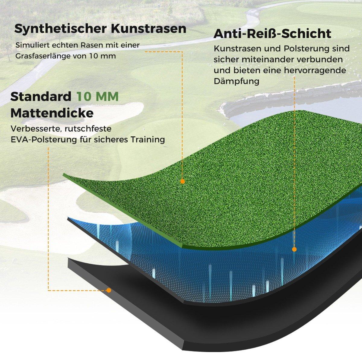 Golf hitting mat with 2 rubber tees, 2 alignment sticks and 6 tee positions, 152 x 117 cm, thickness 27 mm