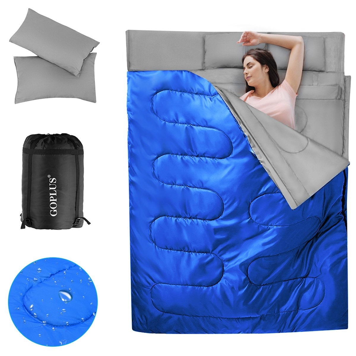 Goplus double sleeping bag 2 people XL blanket sleeping bag sleeping bag with 2 pillows black/blue 220 x 150 cm-blue