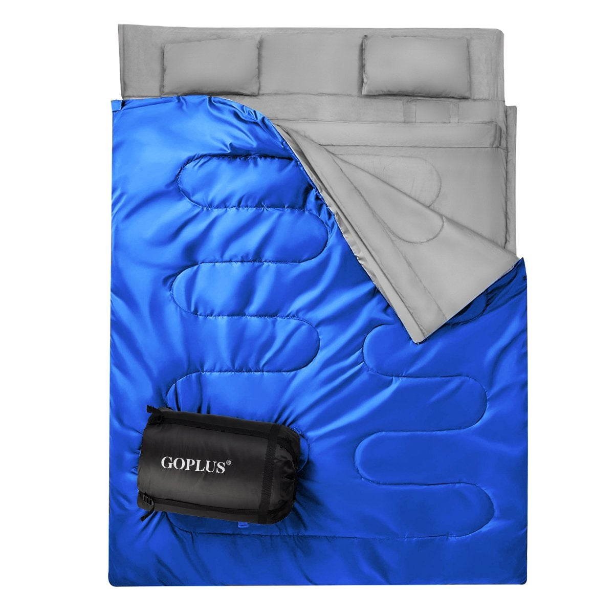 Goplus double sleeping bag 2 people XL blanket sleeping bag sleeping bag with 2 pillows black/blue 220 x 150 cm-blue