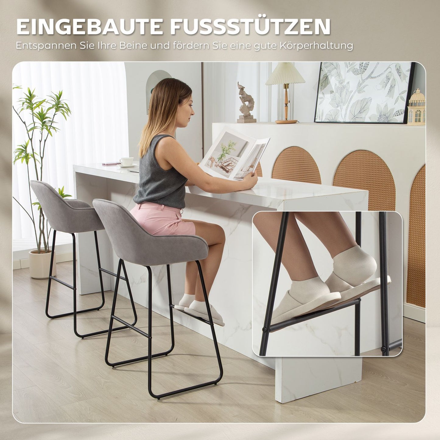 Gray Velvet Bar Stools Set of 2 with Metal Legs