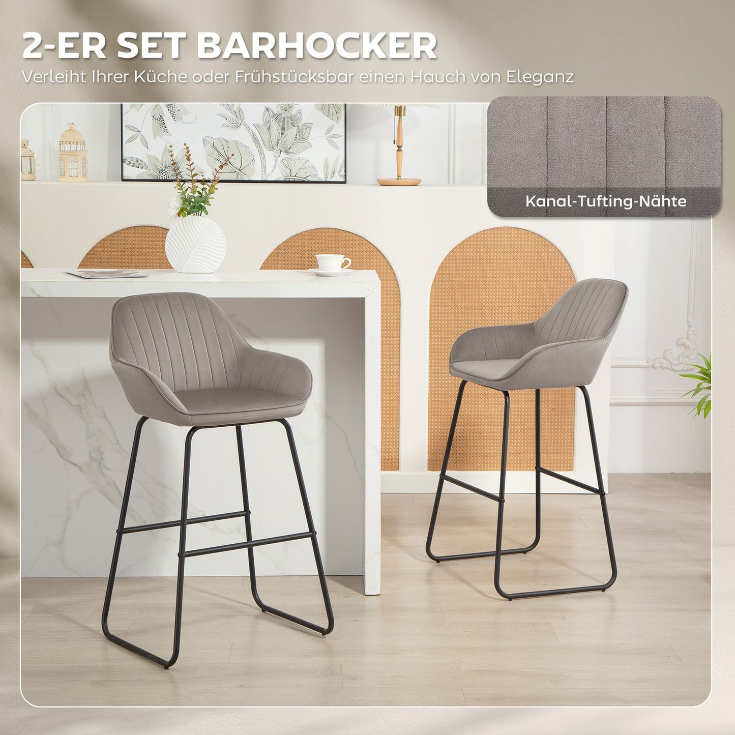 Gray Velvet Bar Stools Set of 2 with Metal Legs