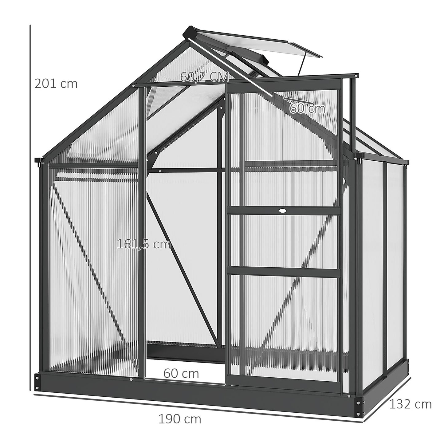 Aluminum Walk-In Greenhouse 190x132x201 cm, Skylight, Weatherproof