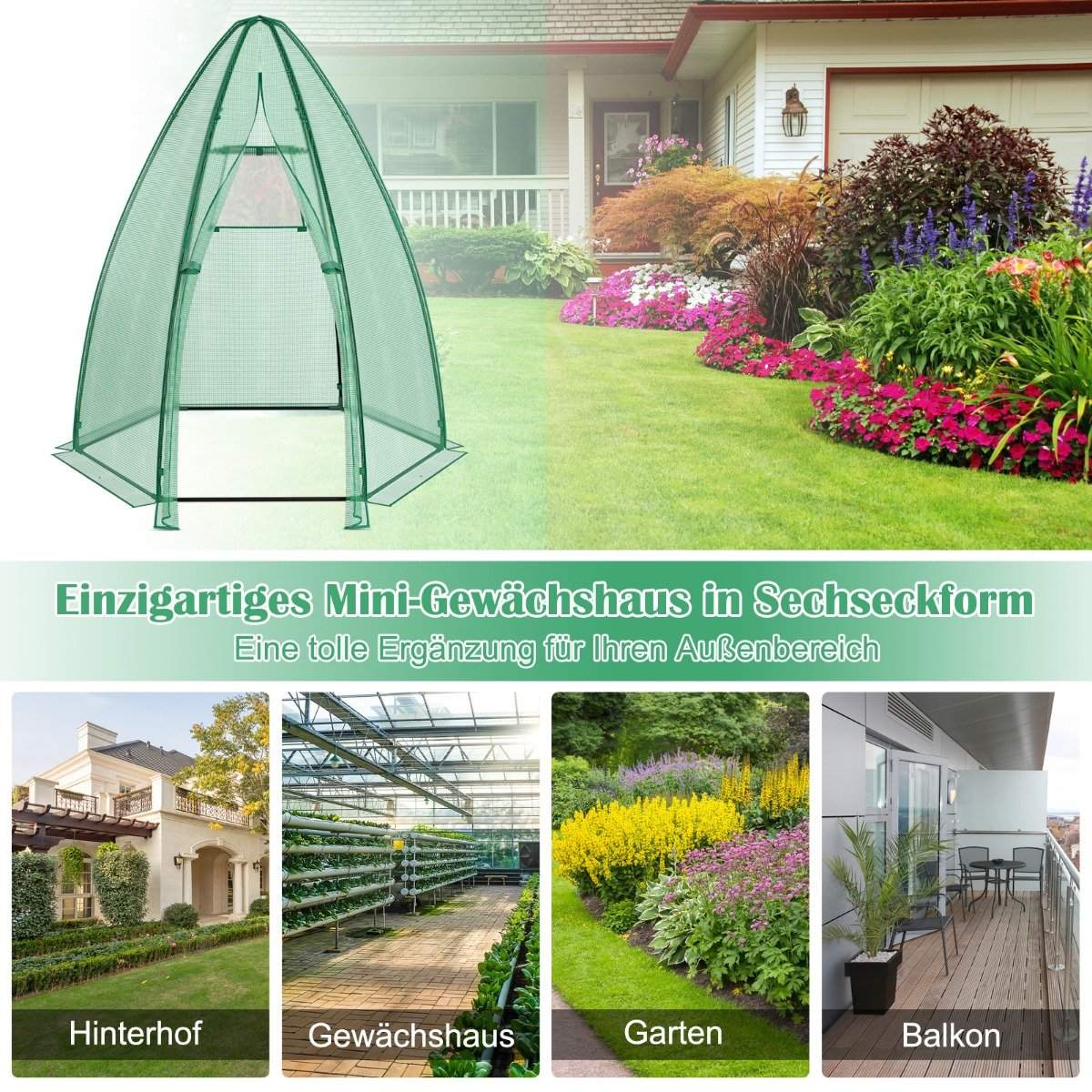 Greenhouse garden greenhouse with all-weather PE cover 160 x 160 x 183 cm green