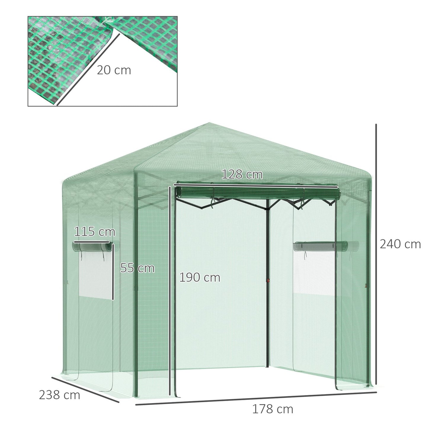 Greenhouse for plants, Roll-Up Door & Window, 238x178x240cm