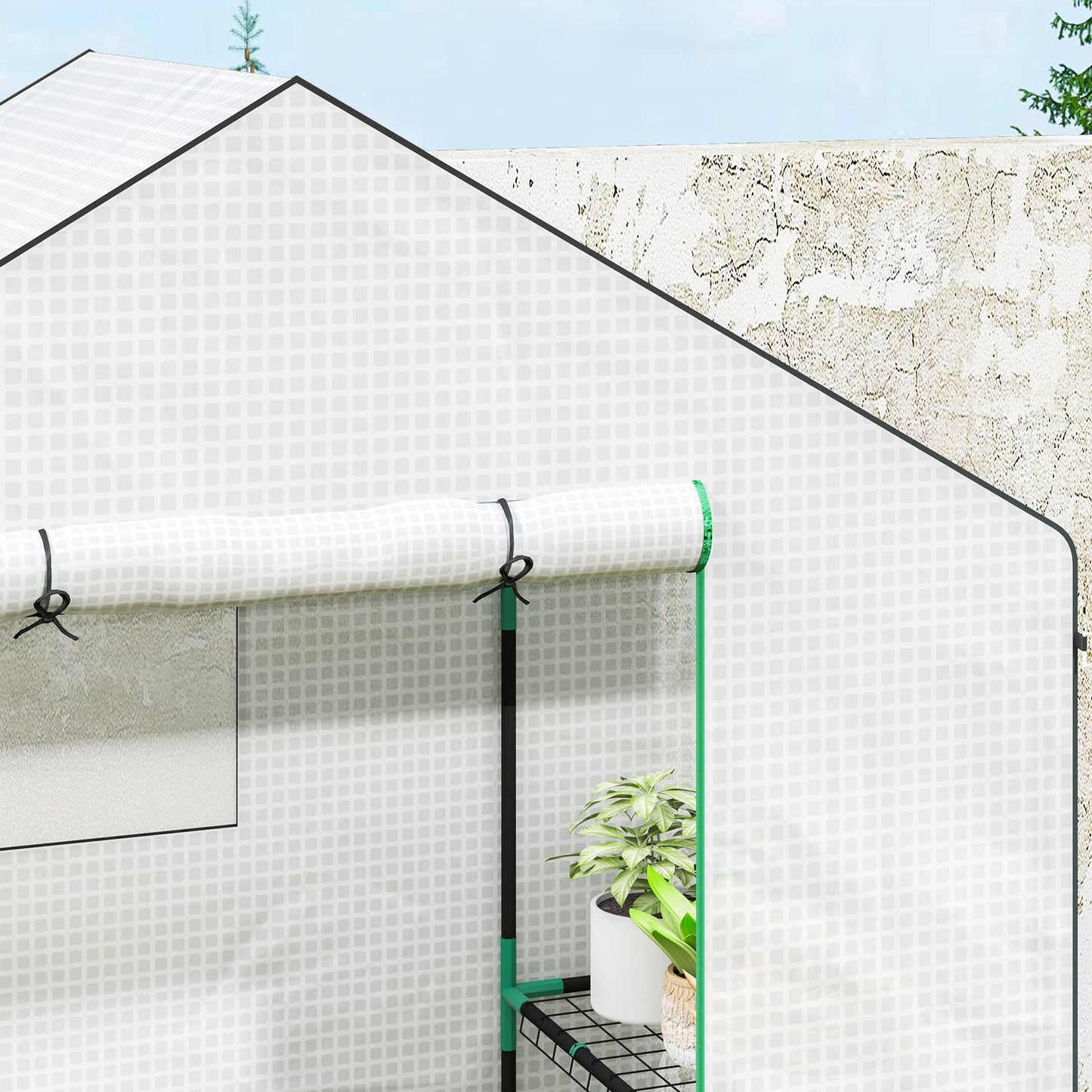 Greenhouse with rolling door and shelves for gardening