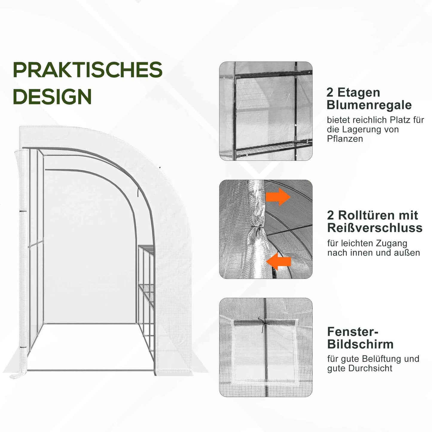 Greenhouse with shelves & windows, Steel frame, 300x150x213 cm