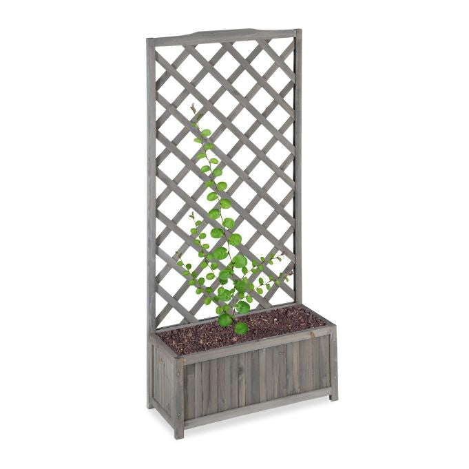 Gray planter box with trellis