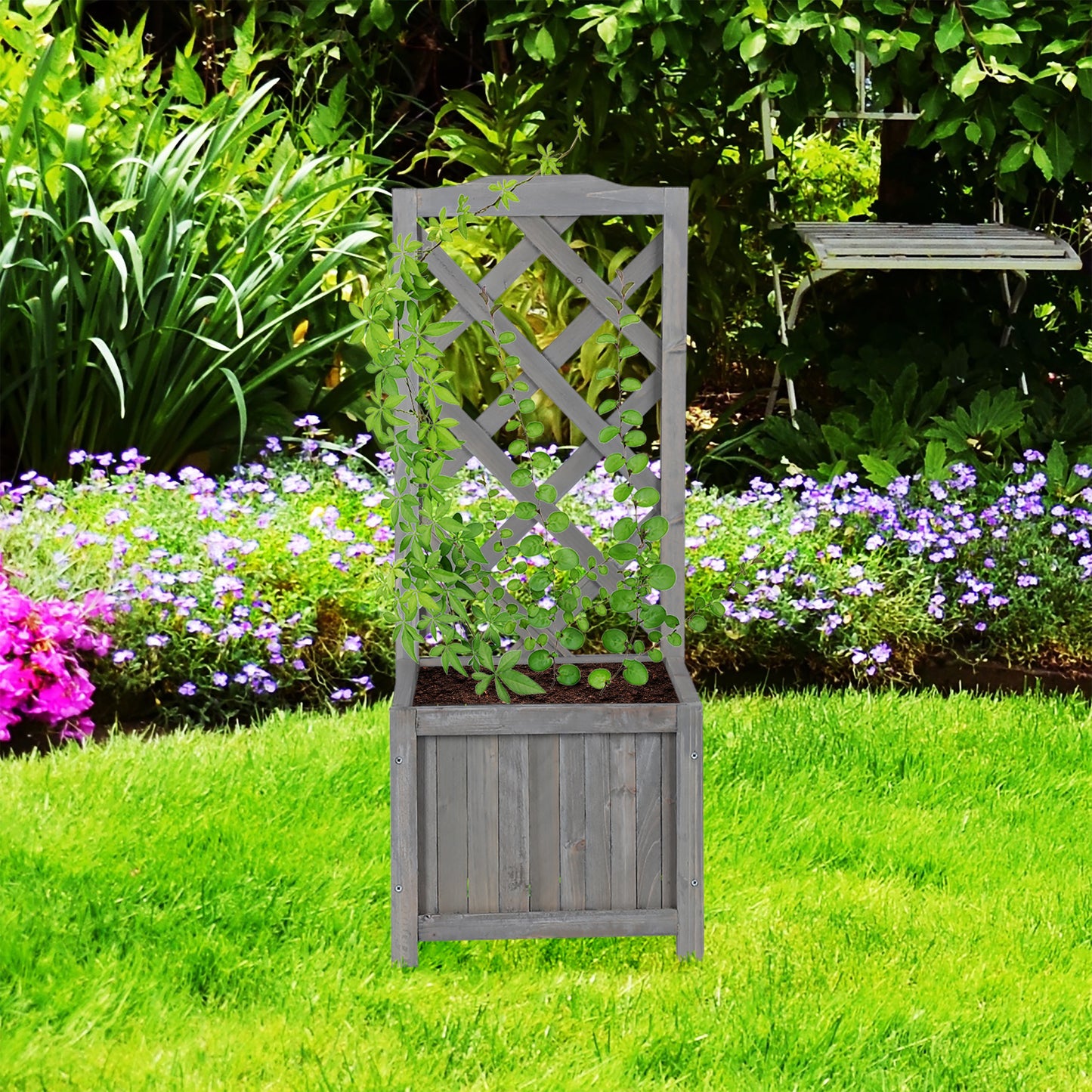 Gray planter box with trellis