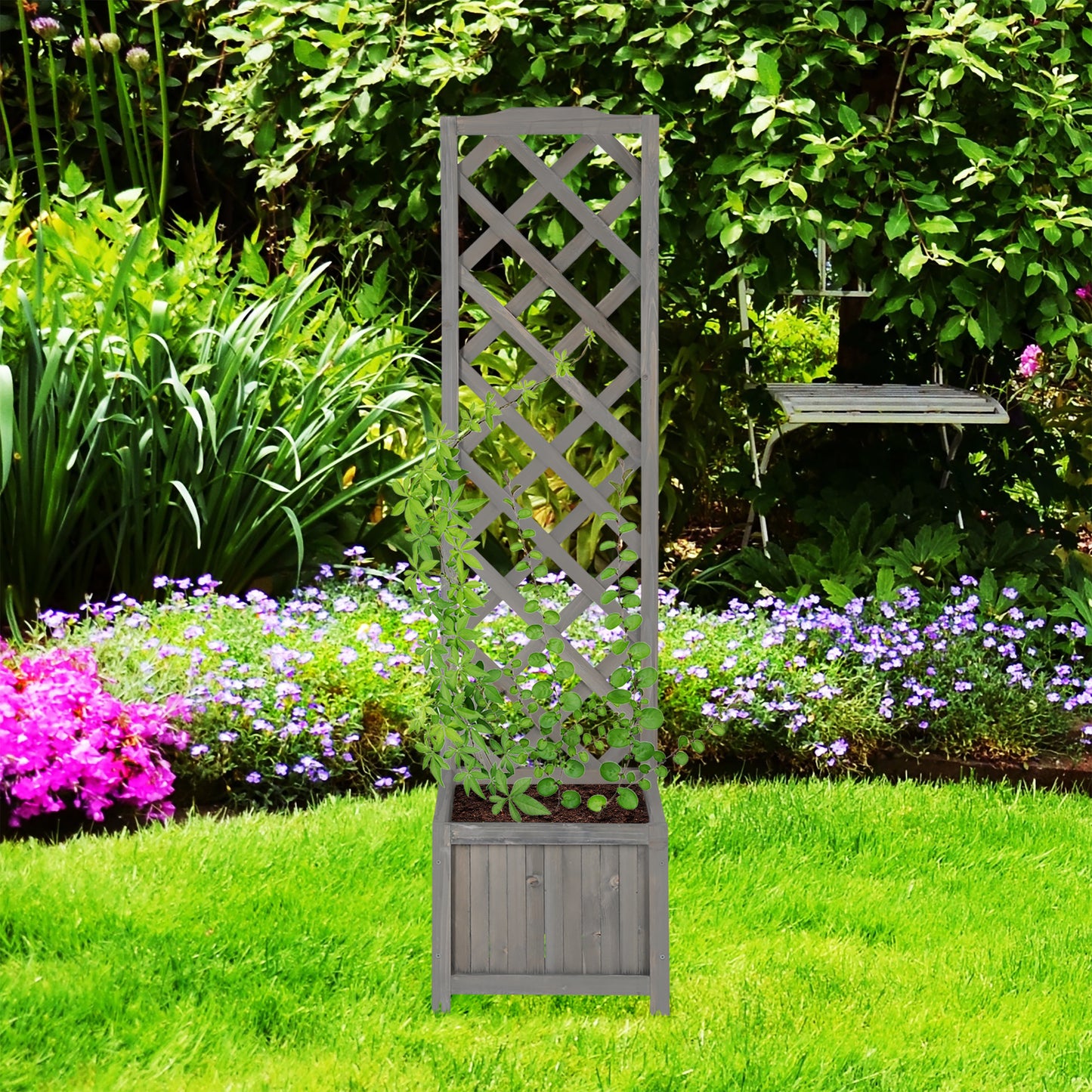 Gray planter box with trellis