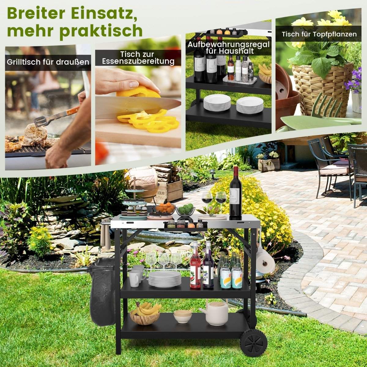 Grill table with 3 shelves & mobile phone stand & spice rack & towel holder serving cart