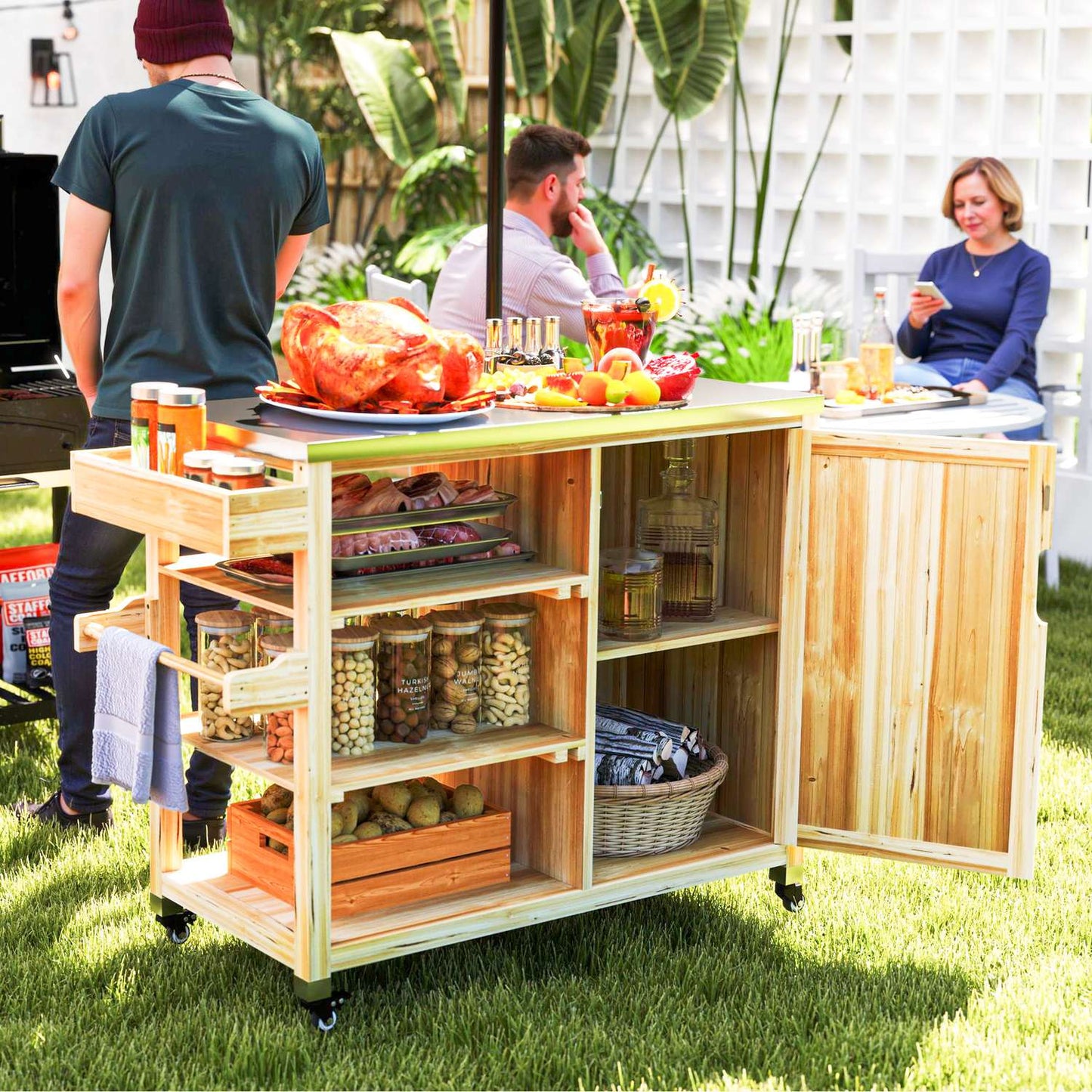 Outdoor charcoal grill trailer - 6-tier wooden grill table
