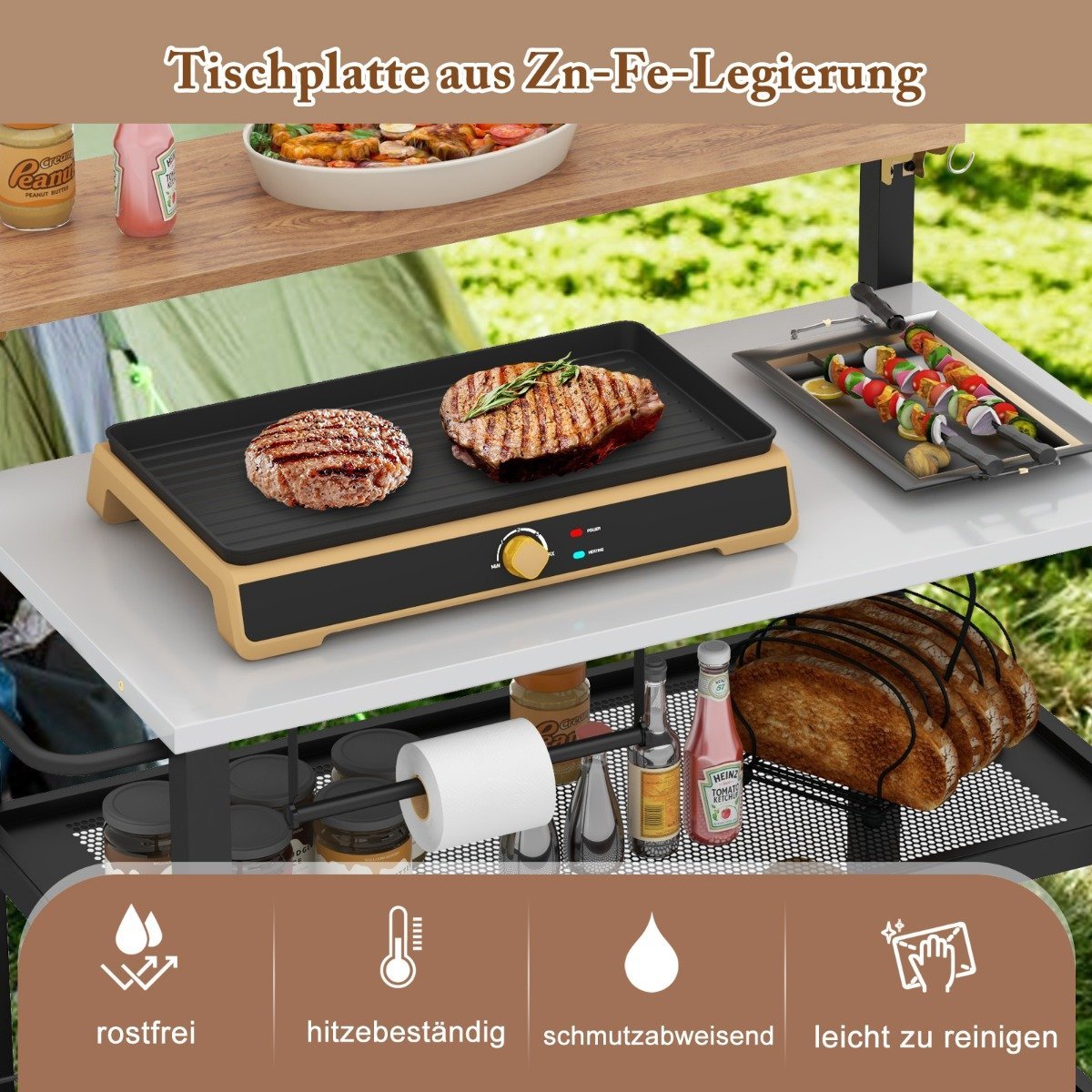 Grill trolley with folding table & hooks & towel holder & garbage bag holder grill table