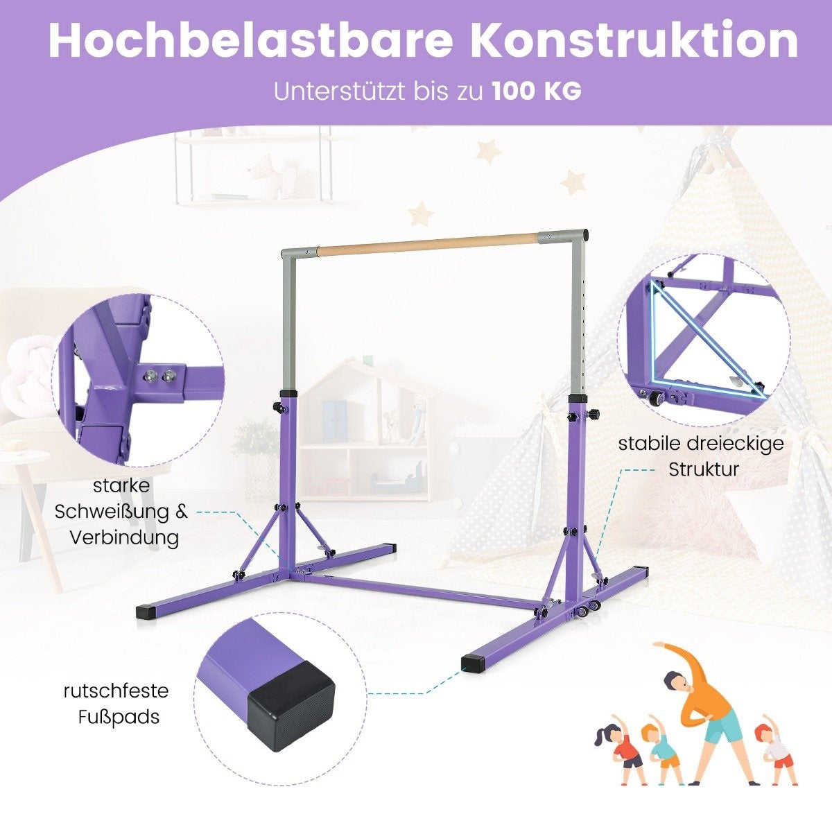 Gymnastics gymnastics bar, height-adjustable gymnastics bars, loadable up to 100kg for indoor use, purple