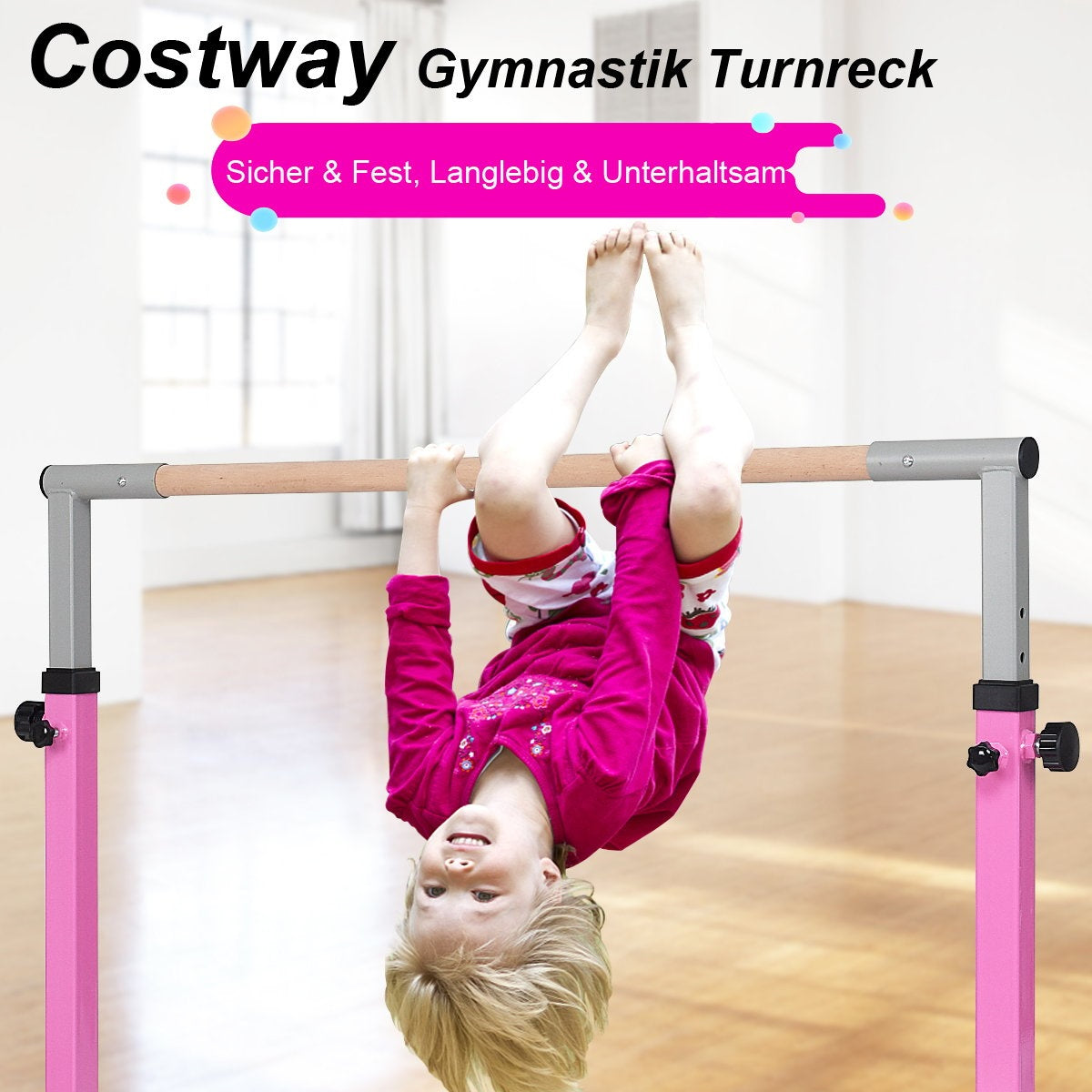 Gymnastics gymnastics bar, height-adjustable gymnastics bars, resilient horizontal bar, pink/blue-pink