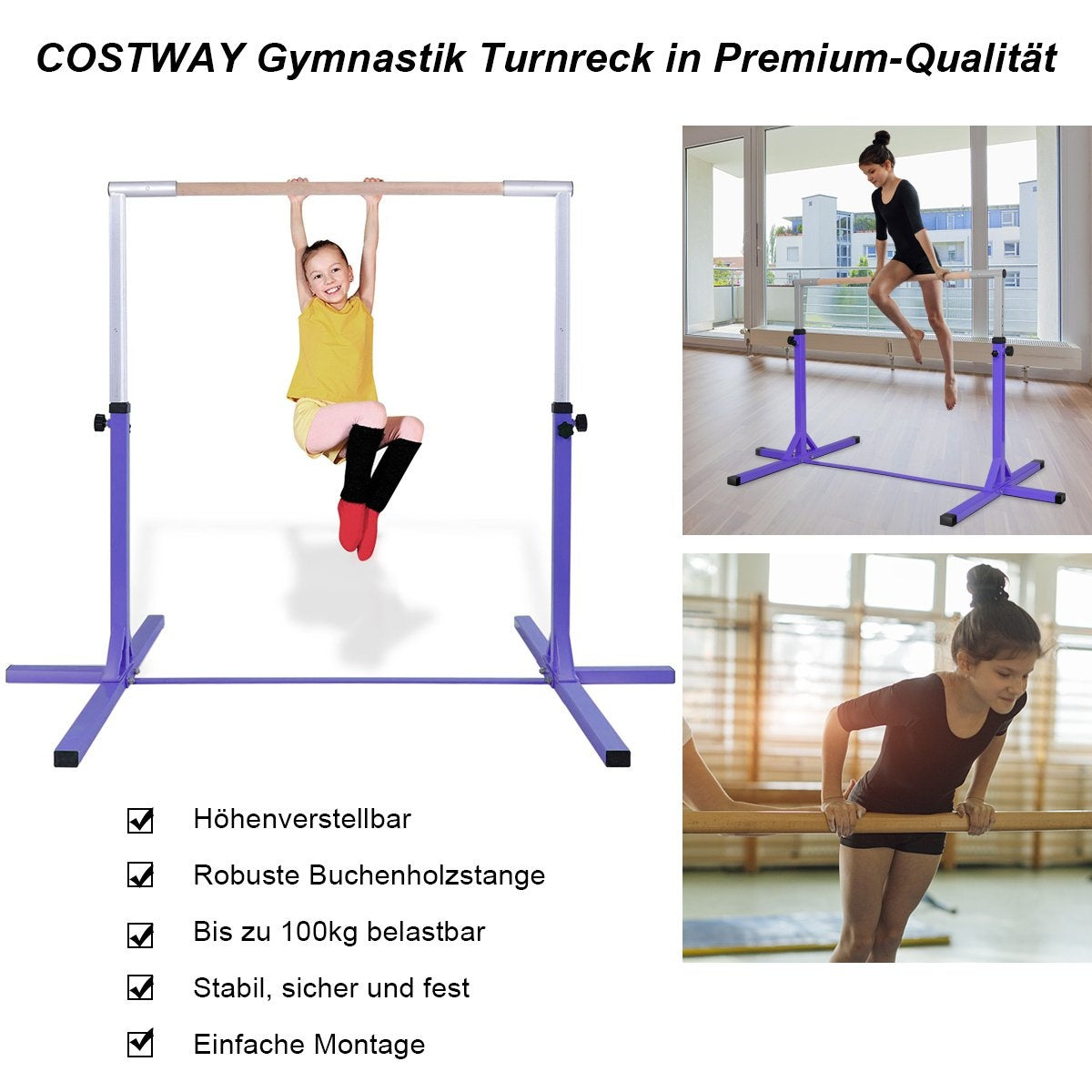 Gymnastics gymnastics bar, height-adjustable gymnastics bars, resilient horizontal bar, pink/blue/purple-purple