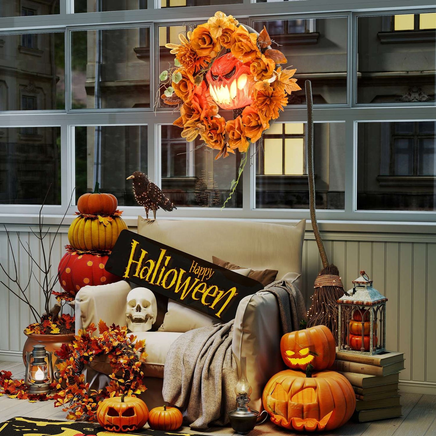 Halloween Wreath, Pumpkin Design, Autumn Leaves, LED Effects