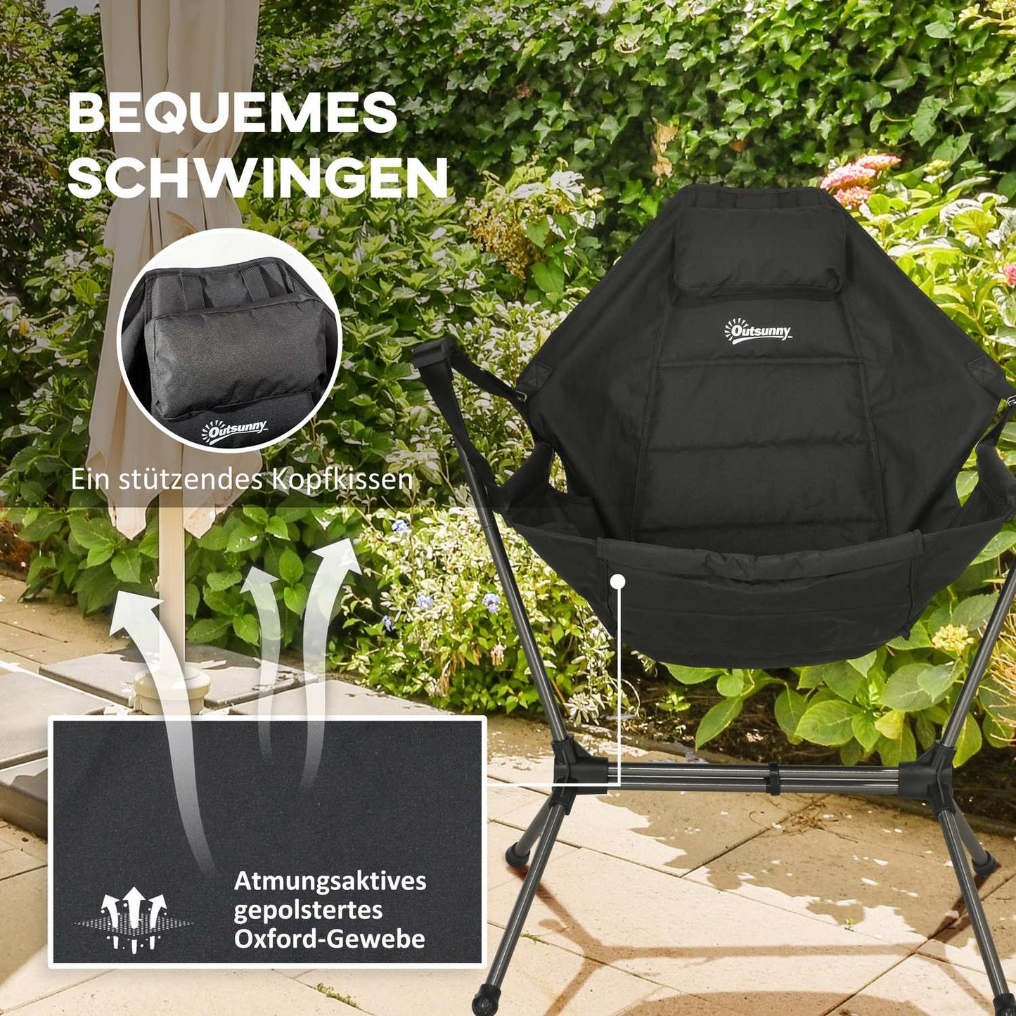 Folding hammock camping chair, black, supports 120 kg
