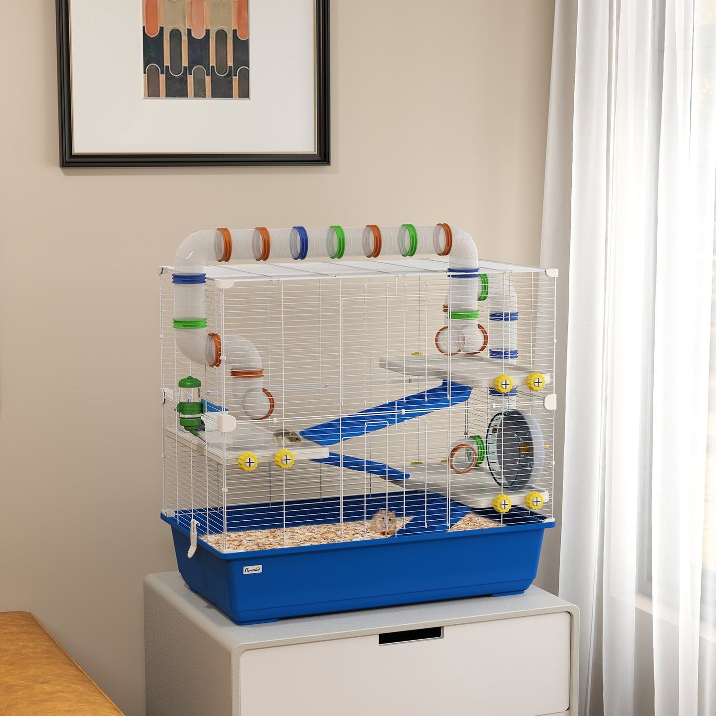 4-story hamster cage with wheels and accessories, blue