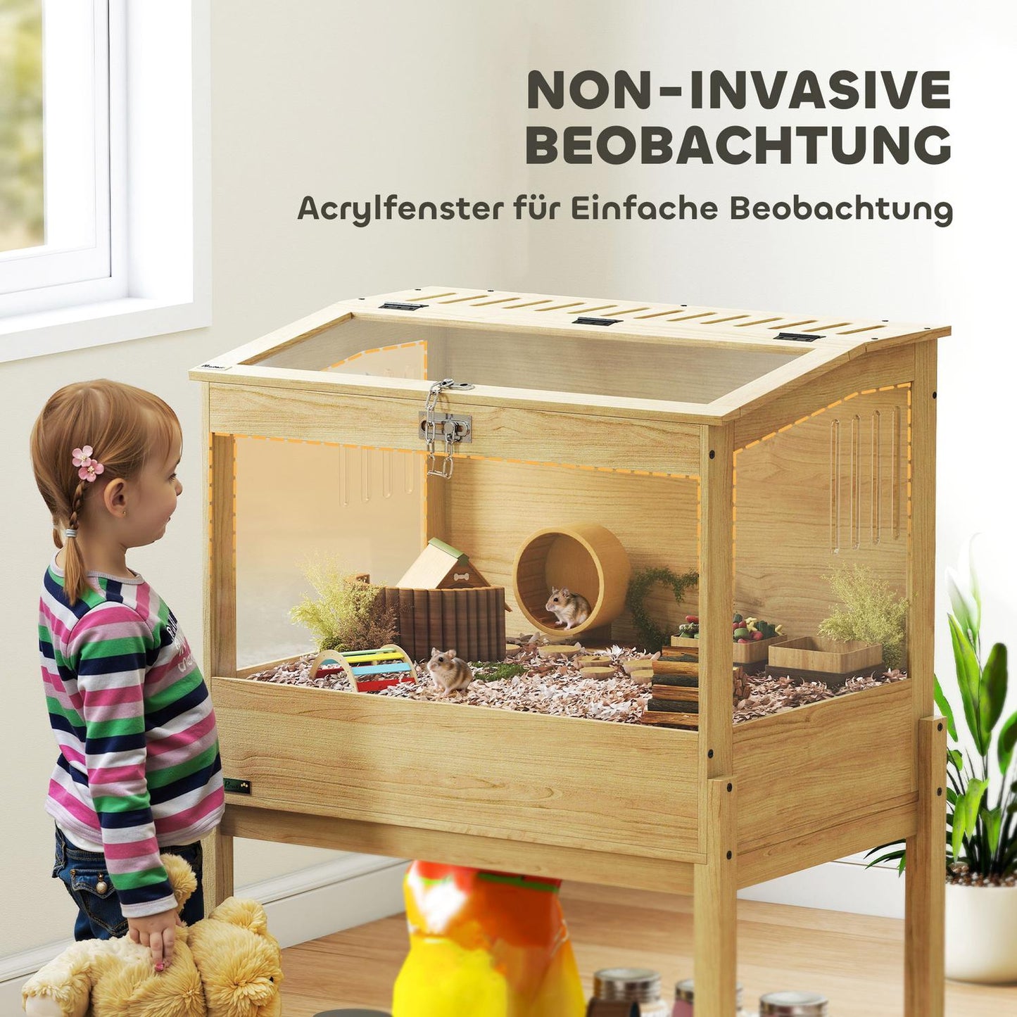 Hamster Cage with Storage Shelf, Natural Wood, 2 Levels