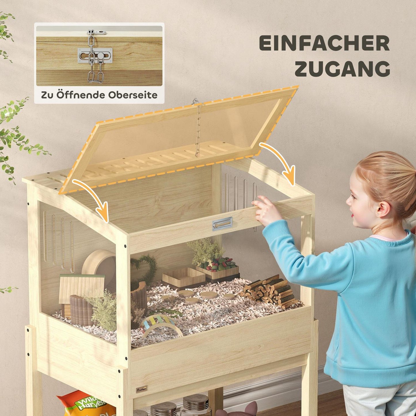 Hamster Cage with Storage Shelf, Natural Wood, 2 Levels