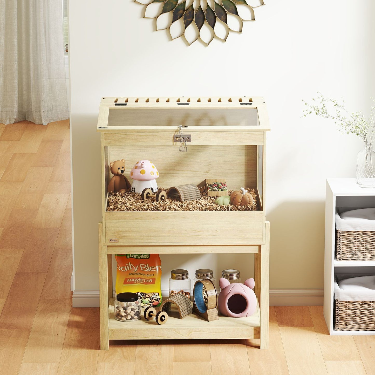 Hamster Cage with Storage Shelf, Natural Wood, 2 Levels