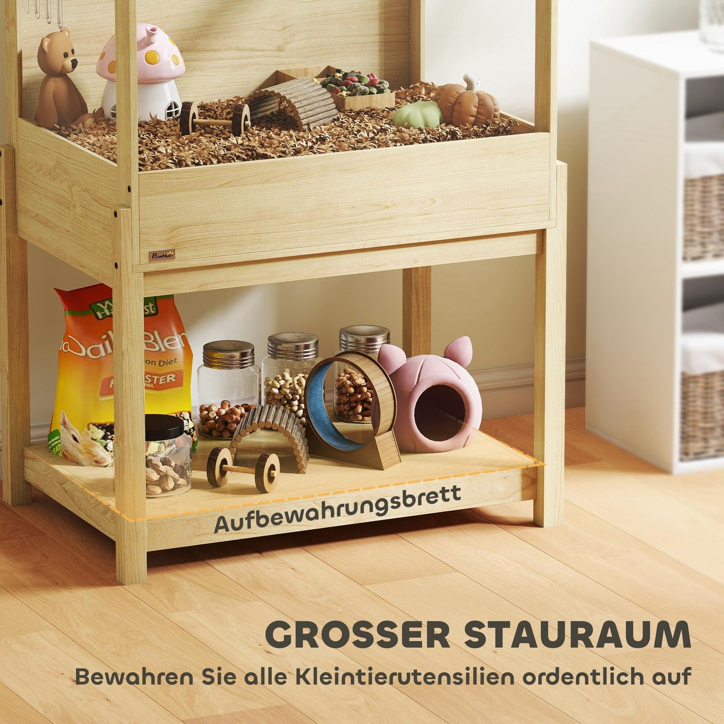 Hamster Cage with Storage Shelf, Natural Wood, 2 Levels