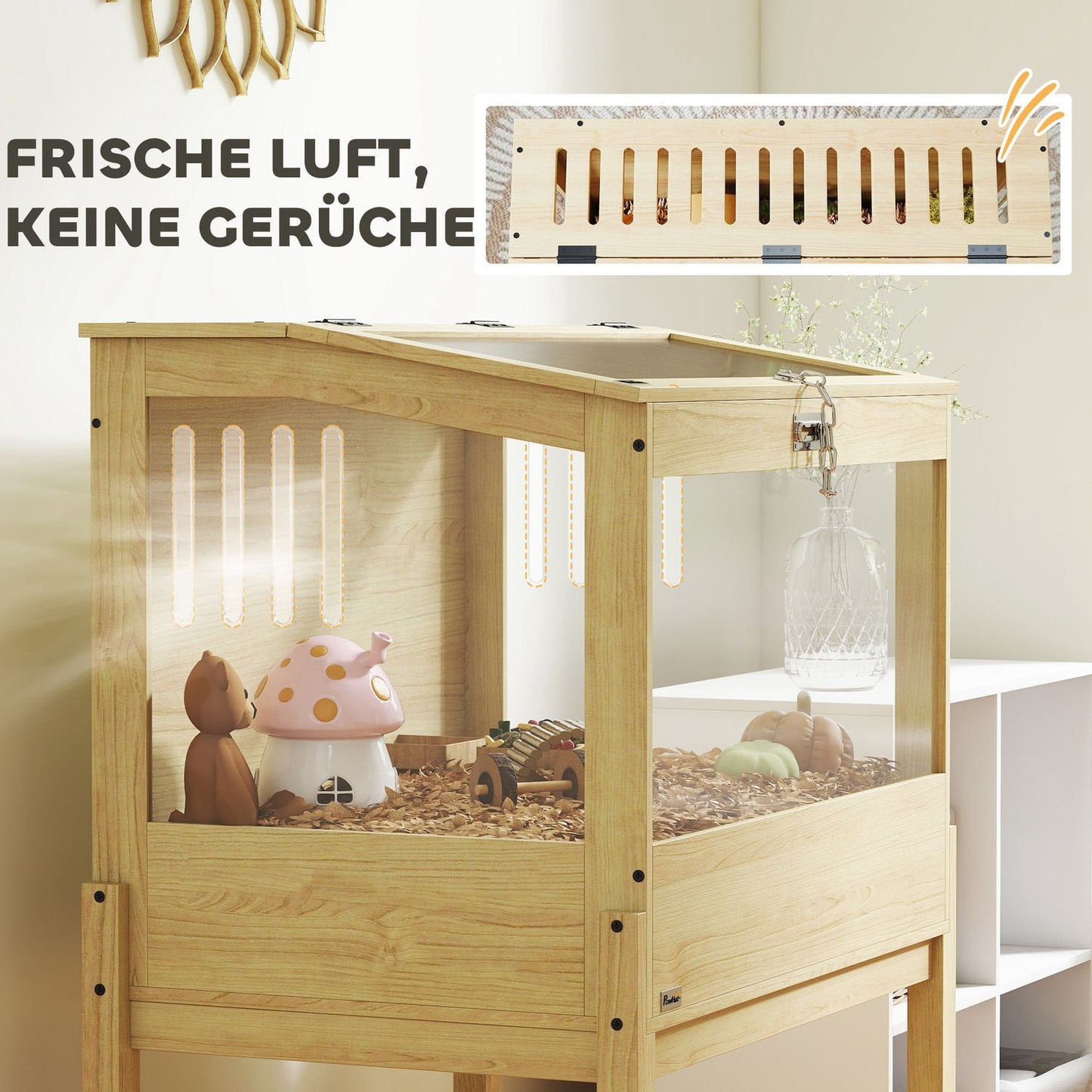 Hamster Cage with Storage Shelf, Natural Wood, 2 Levels