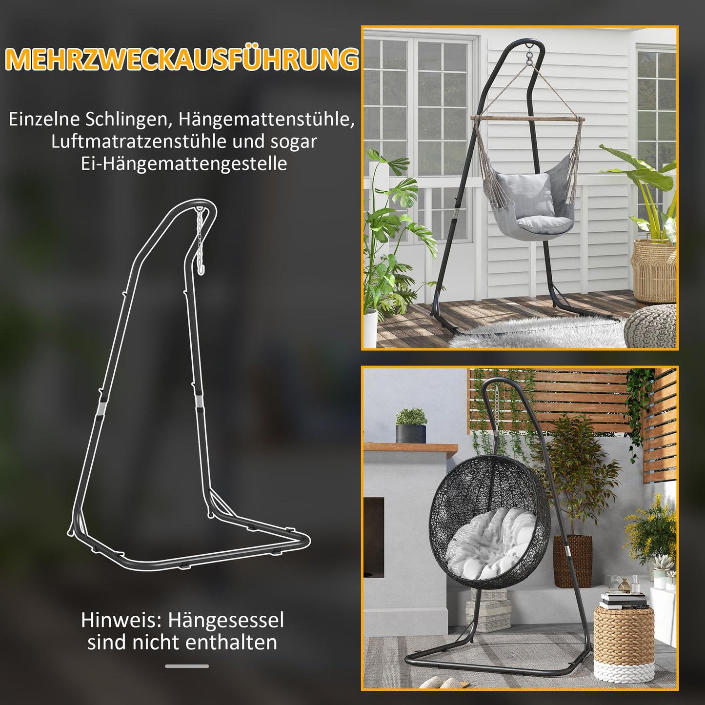 Height-adjustable hanging chair in metal, black