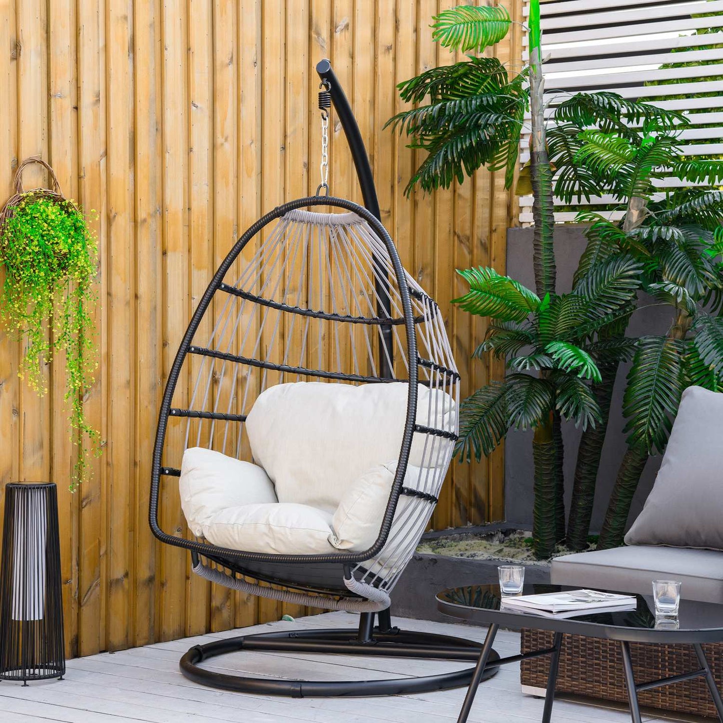 Hanging chair with cushion & frame, foldable, black/cream
