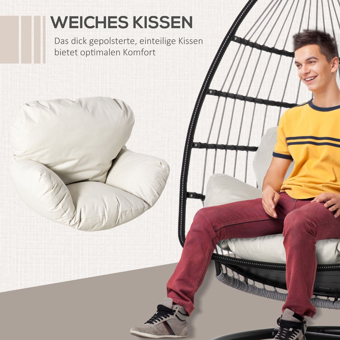 Hanging chair with cushion & frame, foldable, black/cream