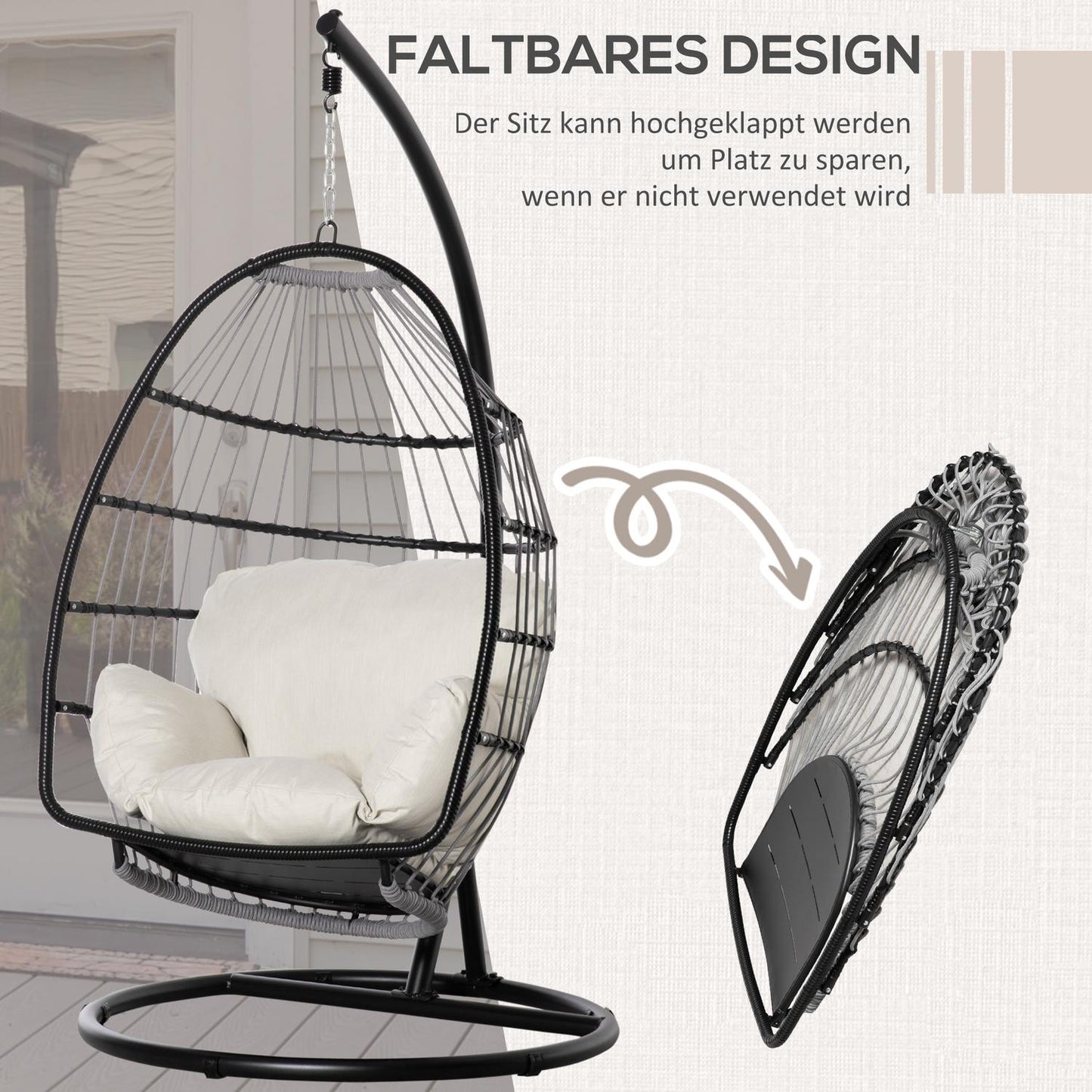 Hanging chair with cushion & frame, foldable, black/cream