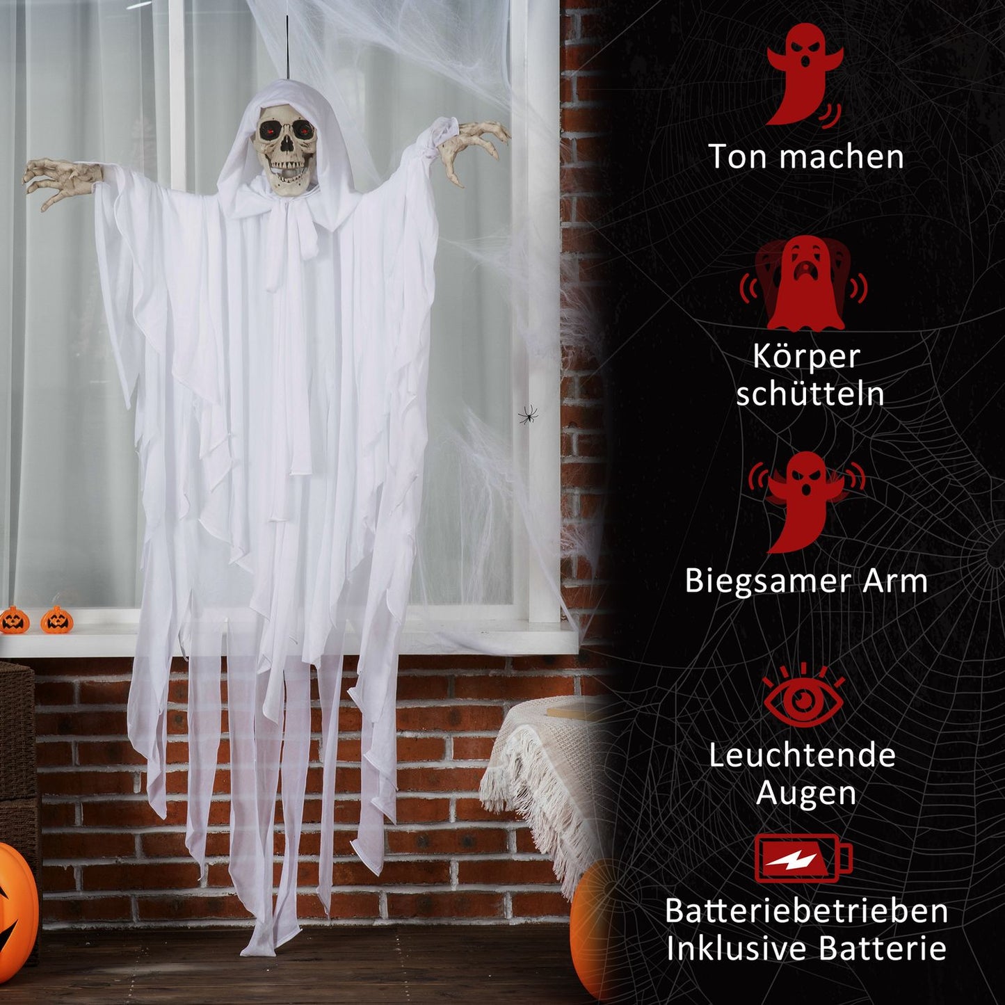 Hanging Glow-In-The-Dark Skeleton With Sound, 153 cm