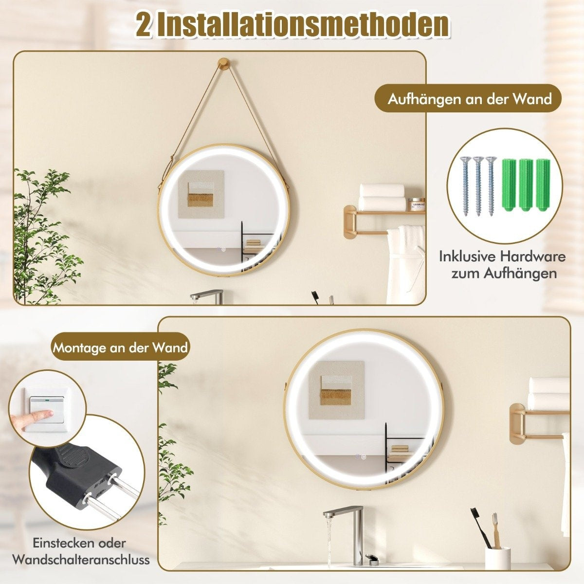 Hanging bathroom mirror with hanging strap & 3-color LED light & memory function