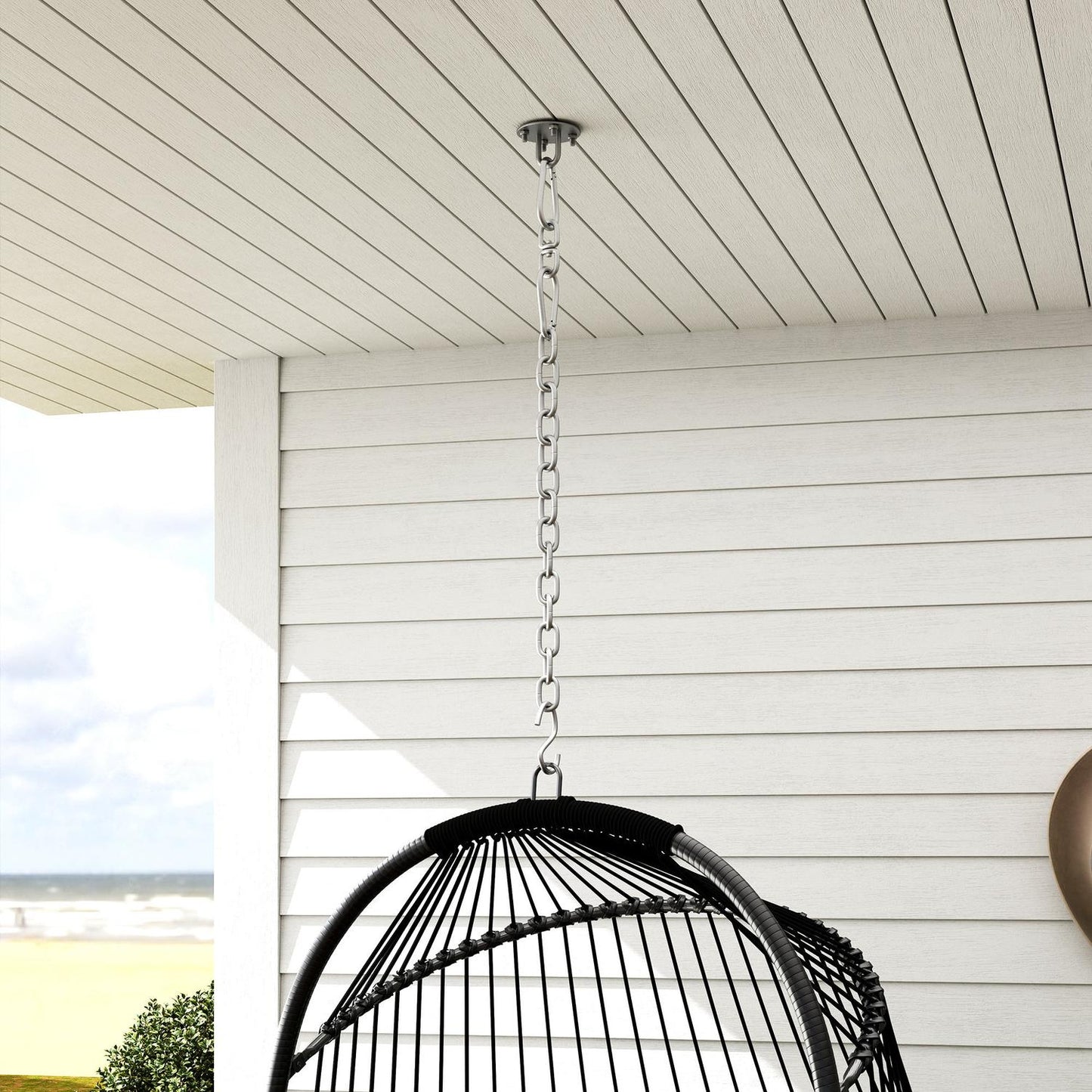 Hanging chair with poly rattan cushion, 150 kg capacity, dark grey