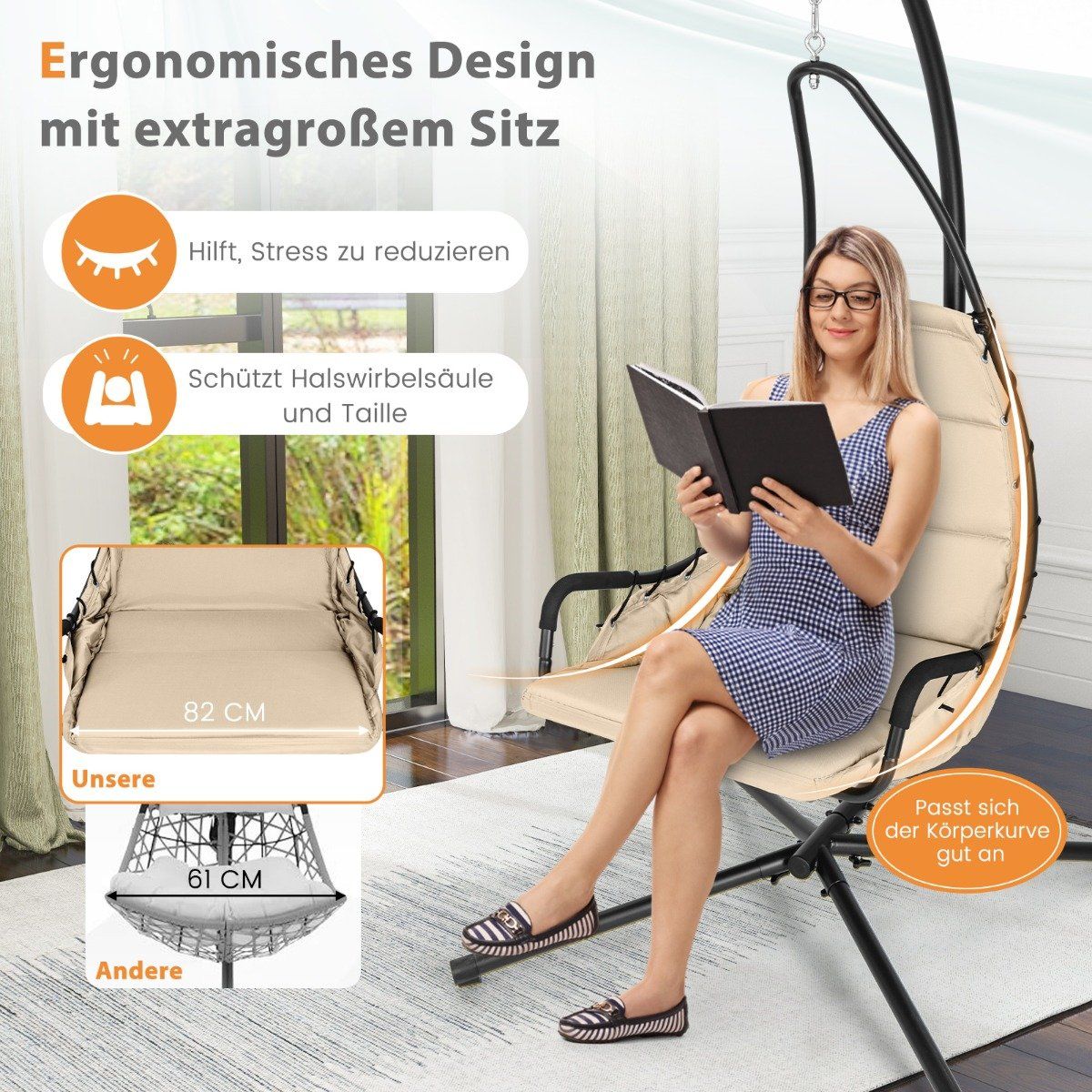 Hanging chair with frame & Extra Large Padded Seat & Robust metal frame hammock beige