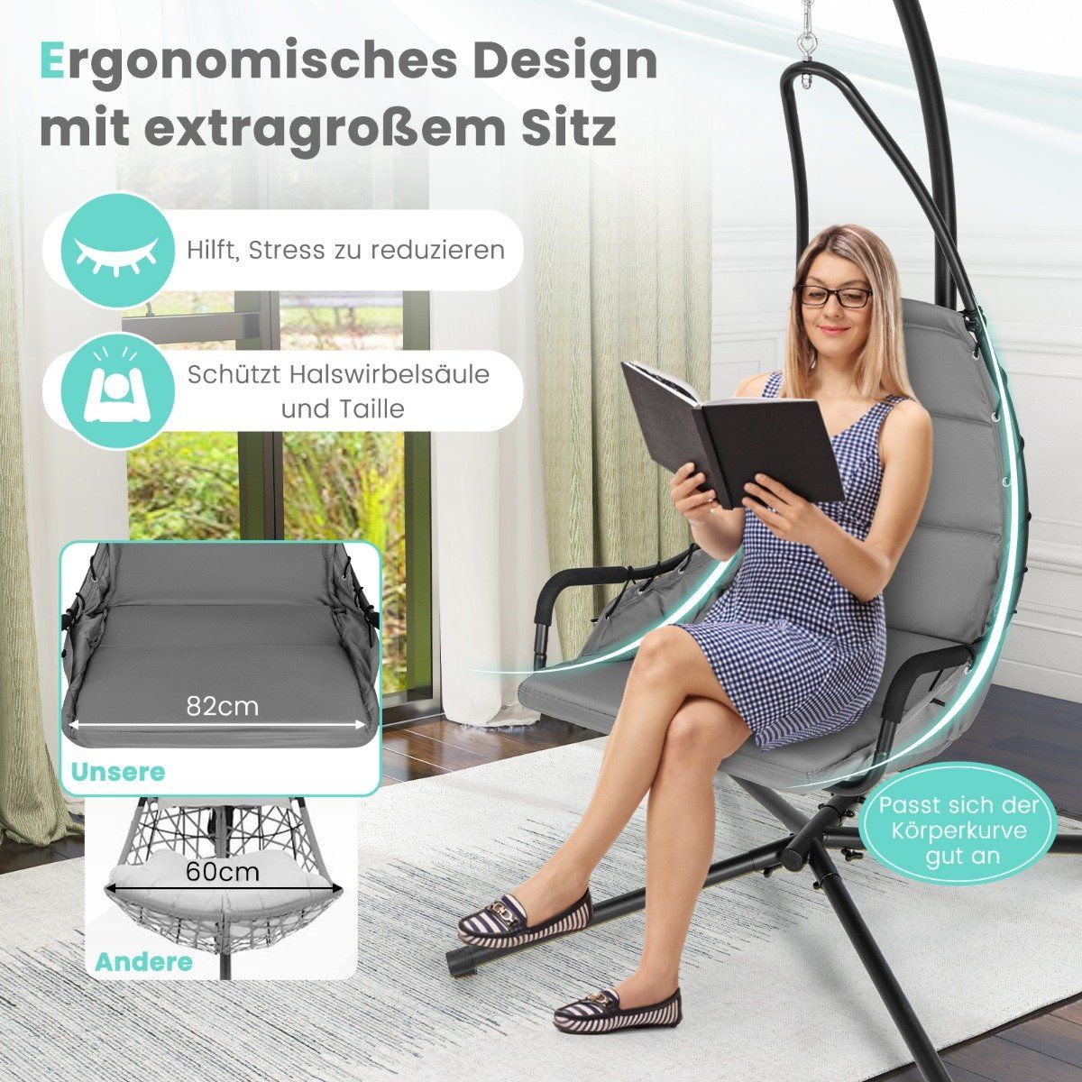 Hanging chair with frame & Extra Large Padded Seat & Robust metal frame hammock gray