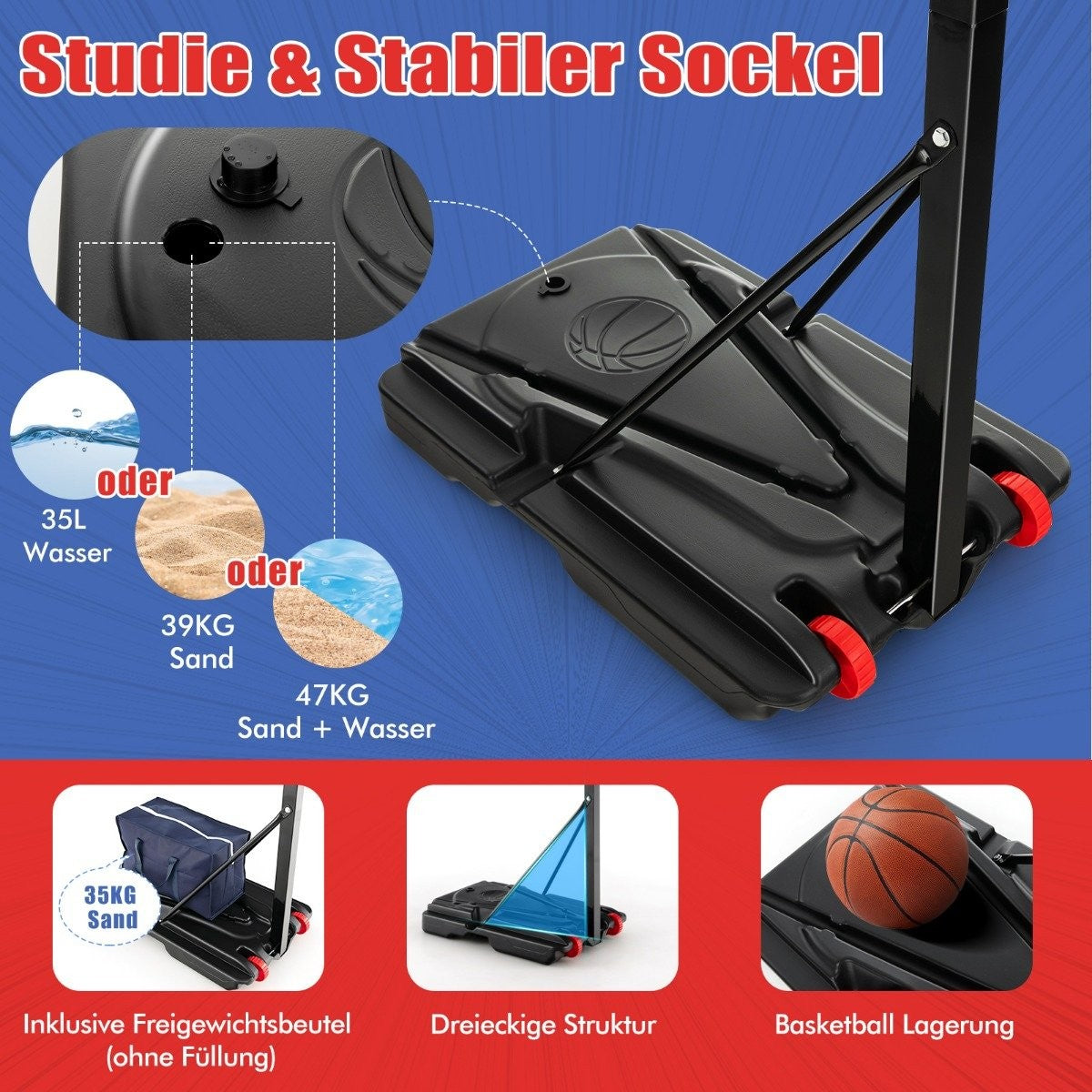 Height-adjustable basketball stand basketball hoop with stand & 2 wheels 105-260 cm black