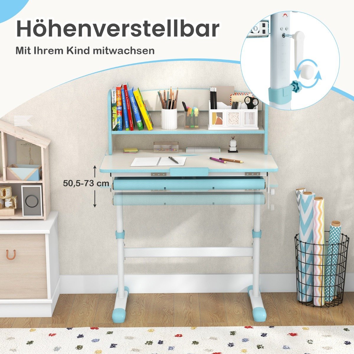 Height-adjustable desk with tilting table top & Drawer & Shelf Children's Study Table Blue