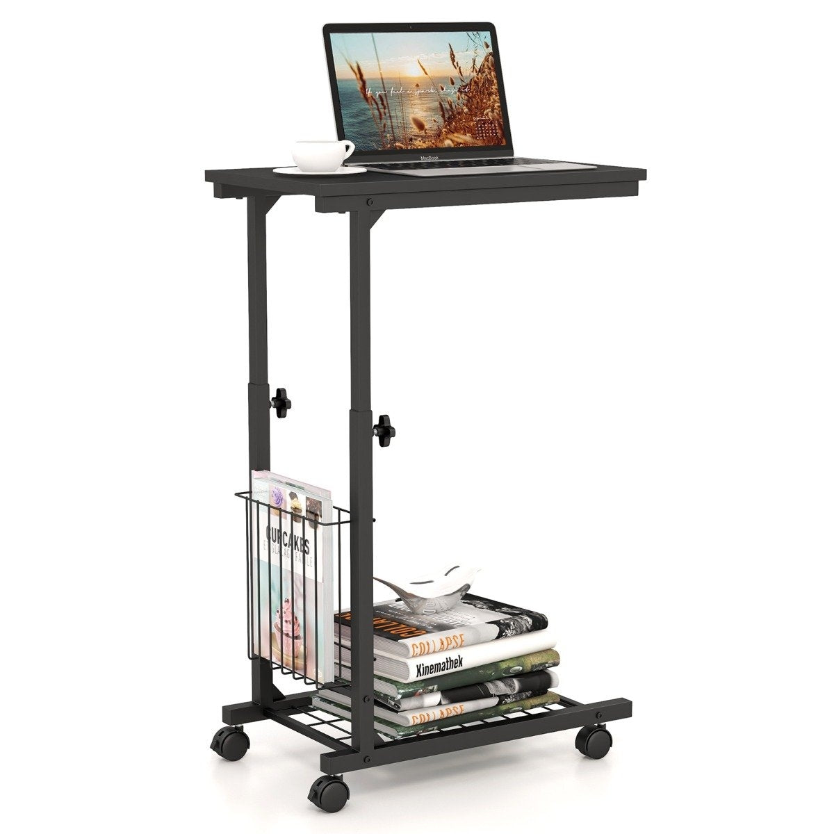 Height-adjustable laptop table with storage basket & wheels C-shape sofa table black