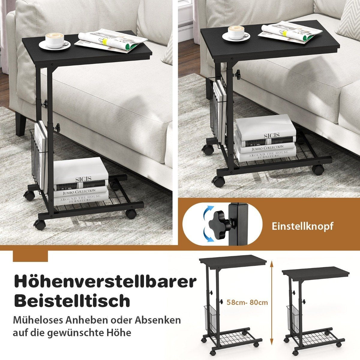 Height-adjustable laptop table with storage basket & wheels C-shape sofa table black
