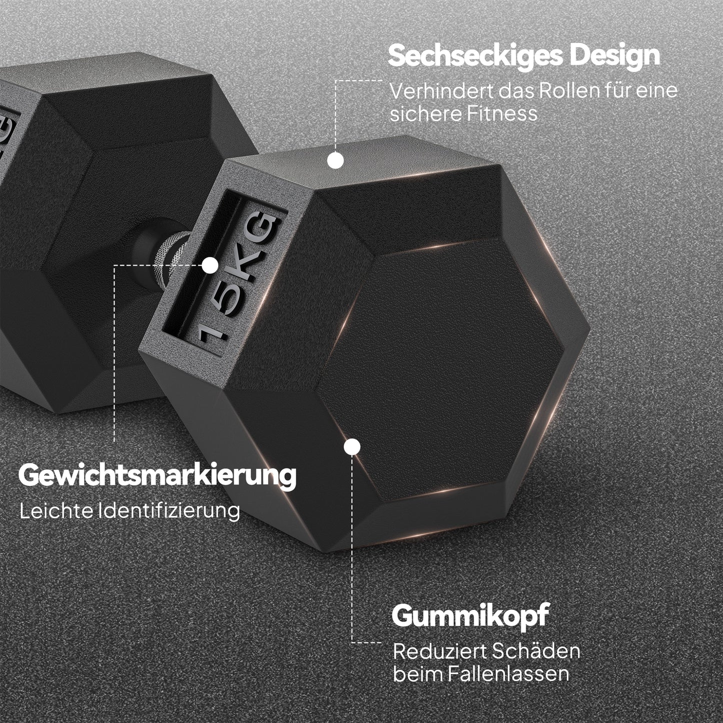 Hex Dumbbells, Knurled Grip, Cast Iron, 2 x 15kg