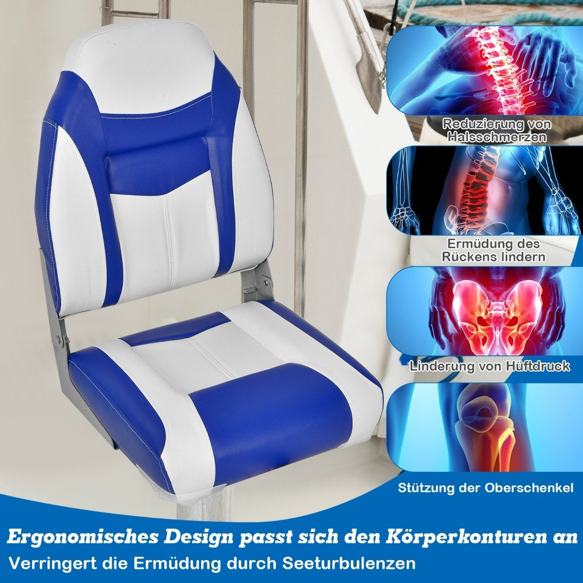 High-back boat seat with 10 cm thick sponge padding folding boat chair blue white