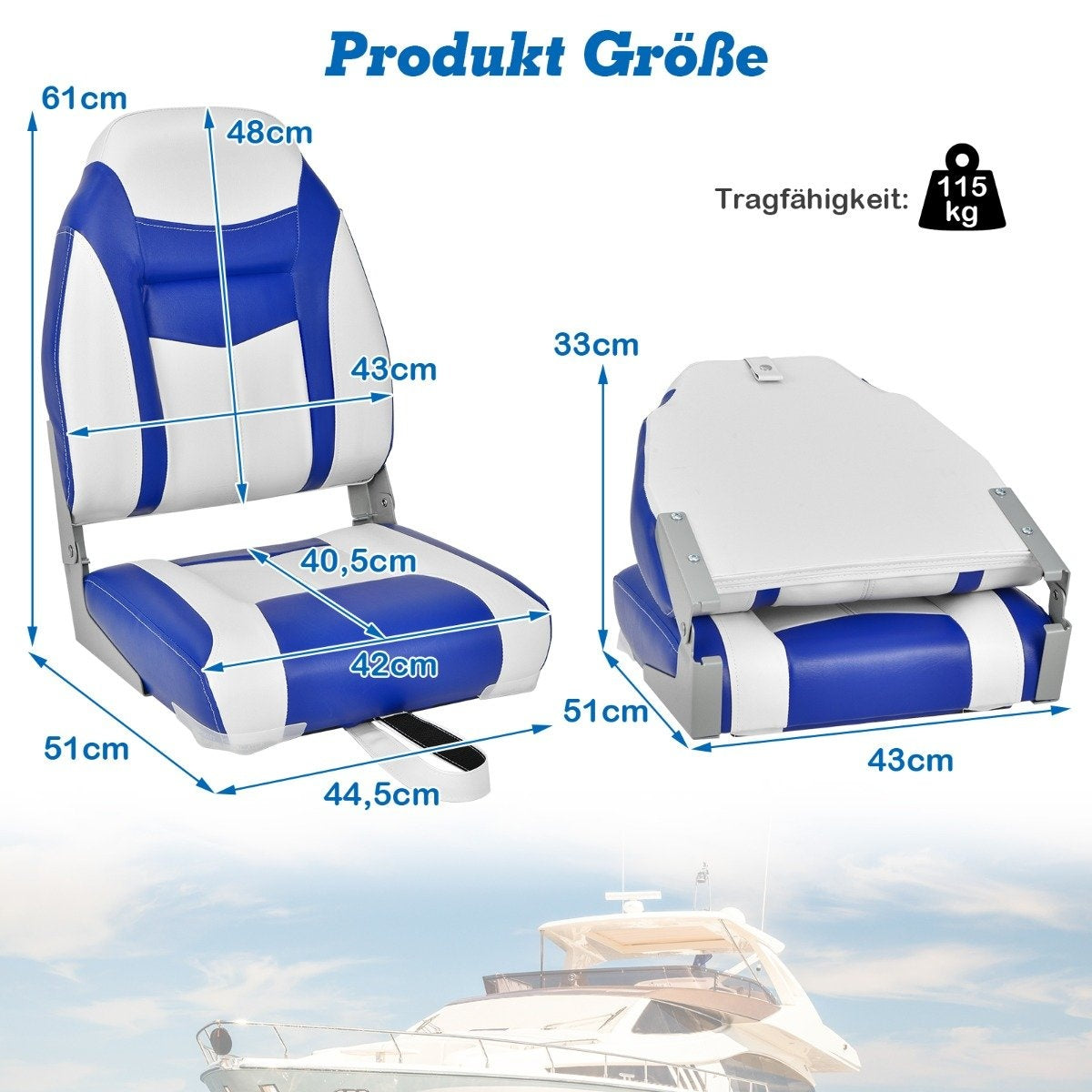 High-back boat seat with 10 cm thick sponge padding folding boat chair blue white