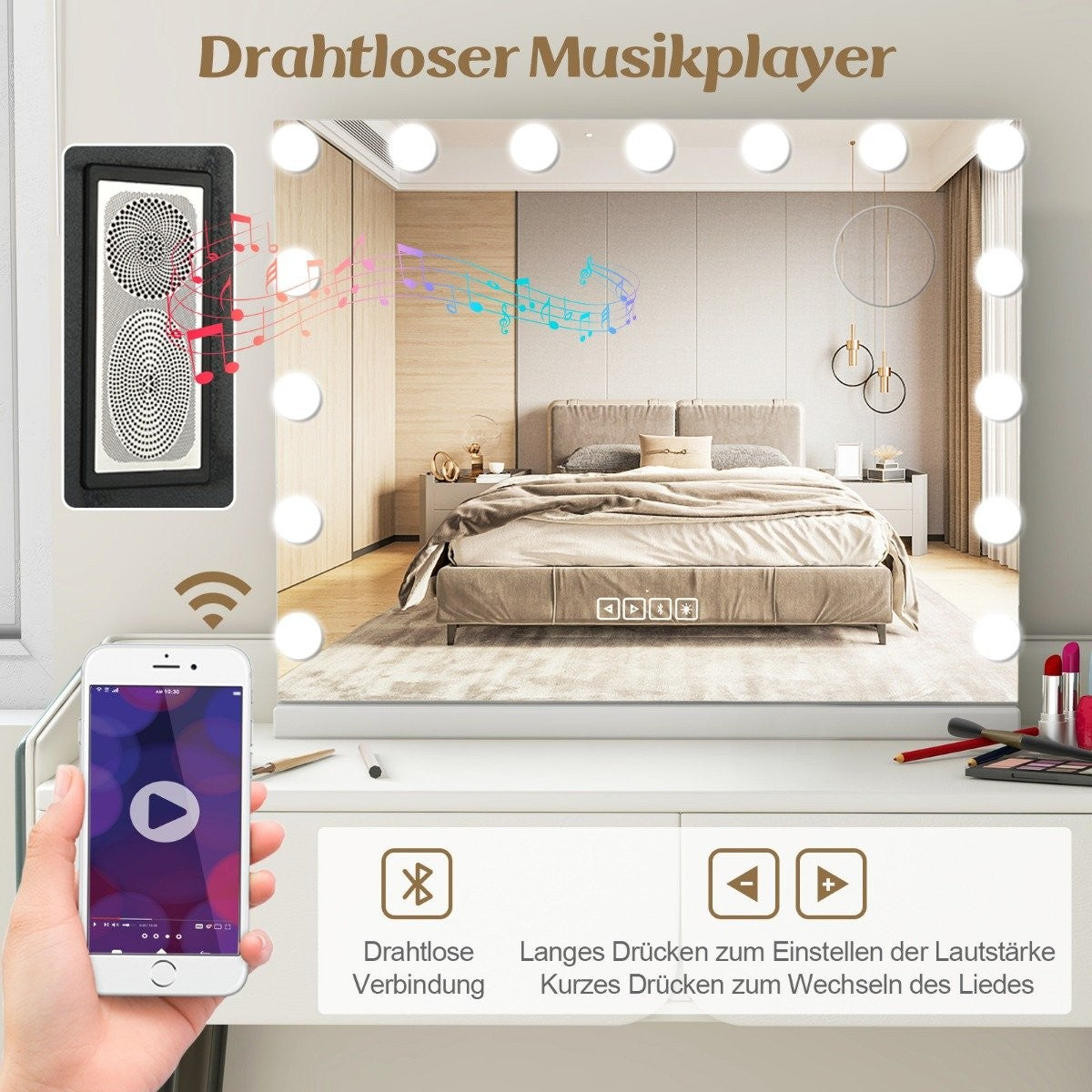 Hollywood Mirror with Lighting, USB Charging Port & Bluetooth Speaker, Cosmetic Mirror for Bedroom, 58 x 46 cm, White
