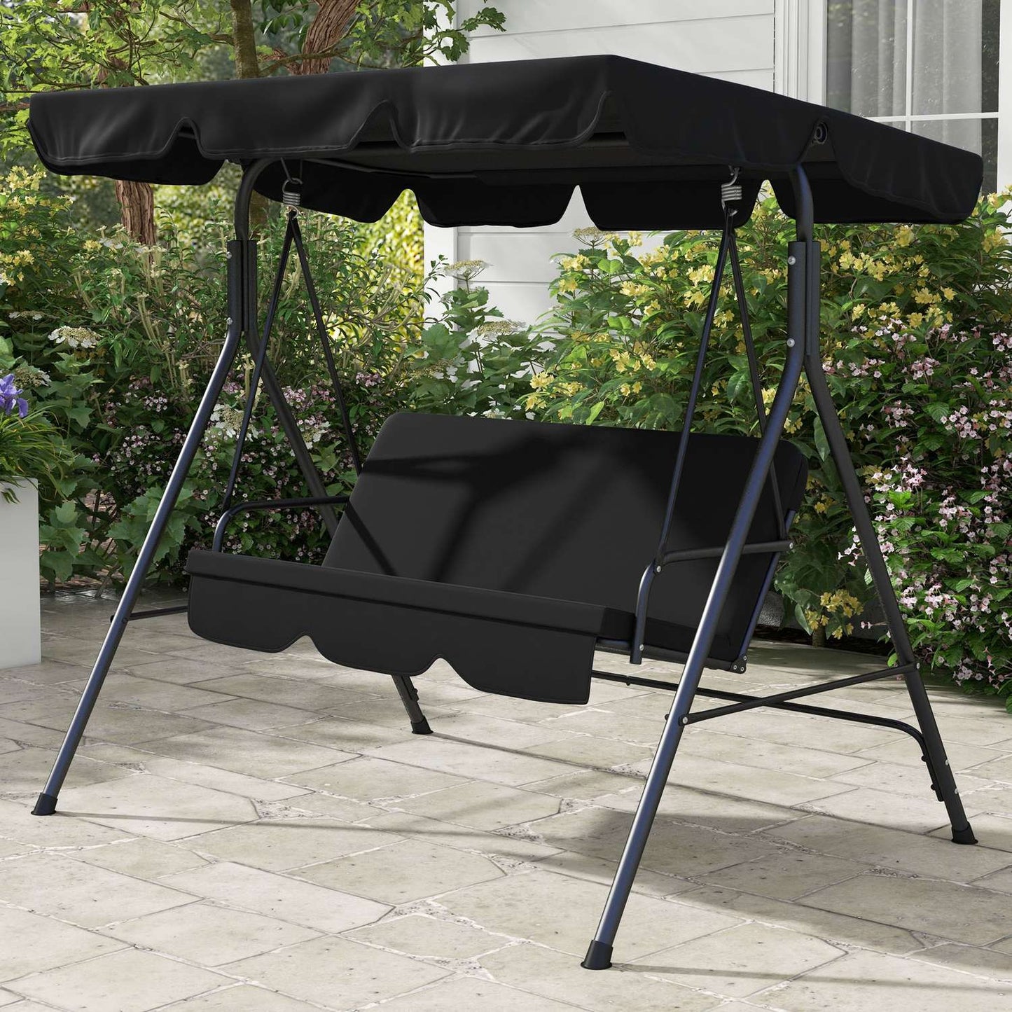 3-seater garden swing bench, adjustable roof, steel, black
