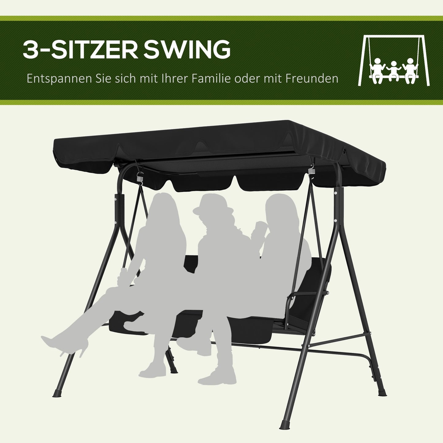 3-seater garden swing bench, adjustable roof, steel, black