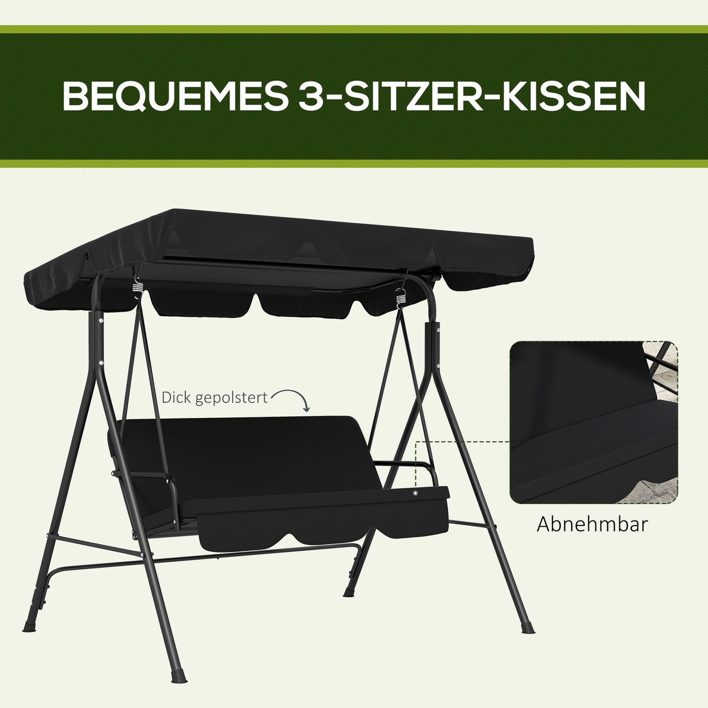 3-seater garden swing bench, adjustable roof, steel, black