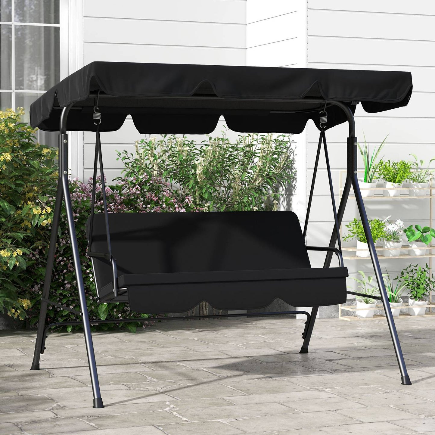 3-seater garden swing bench, adjustable roof, steel, black