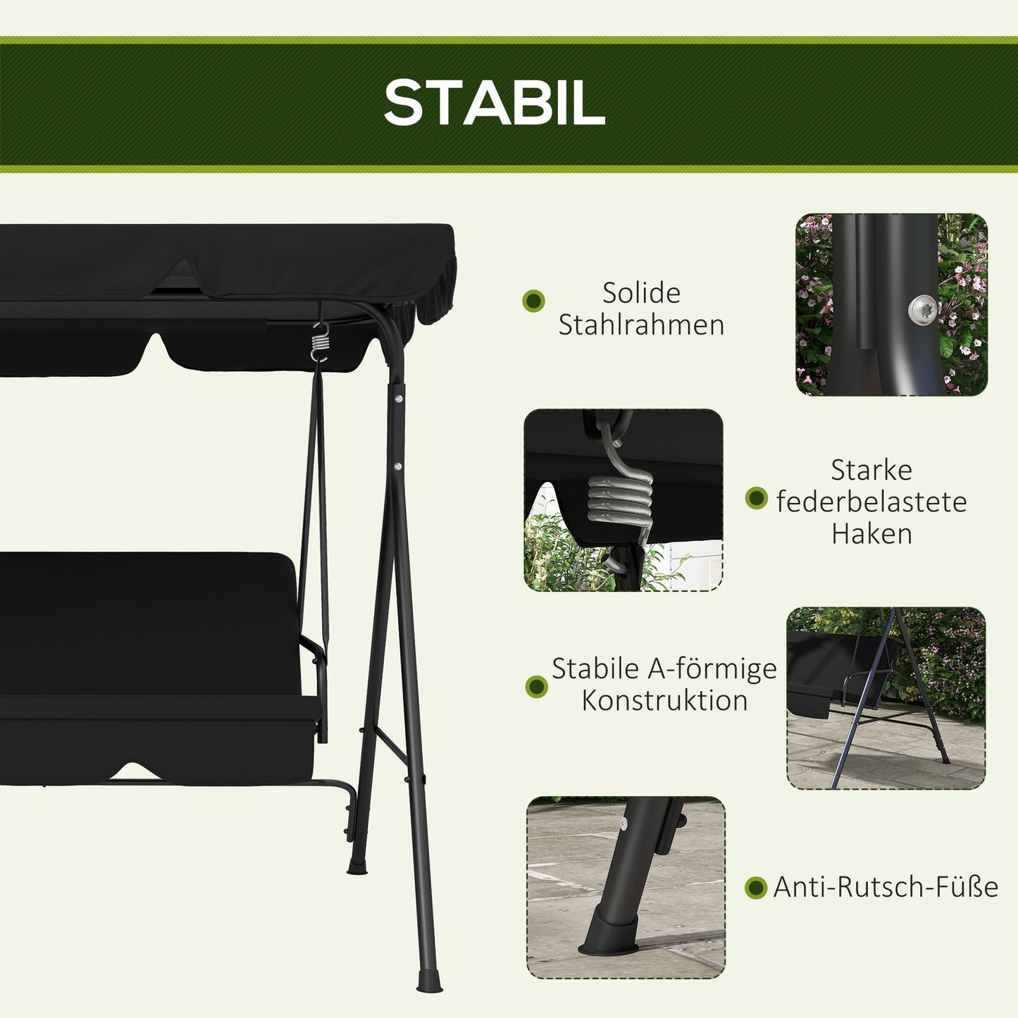3-seater garden swing bench, adjustable roof, steel, black