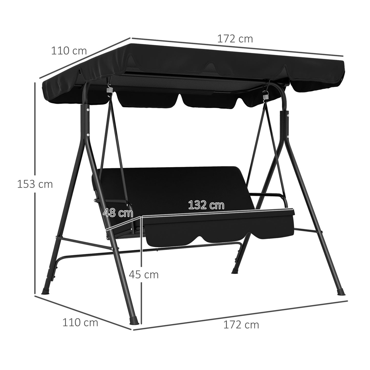 3-seater garden swing bench, adjustable roof, steel, black